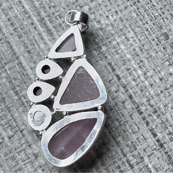 Elegant Pink Quartz Pendant Triple Stone With Red Crystal And Pearl Accents - Picture 4 of 7